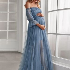 Elegant Blue Off-Shoulder Maternity Dress